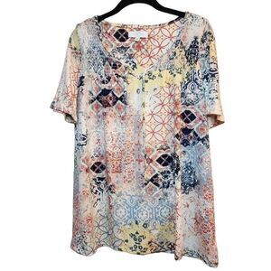 New Directions Womens Multicolor Abstract Short Sleeve Top Shirt Size Petite PM
